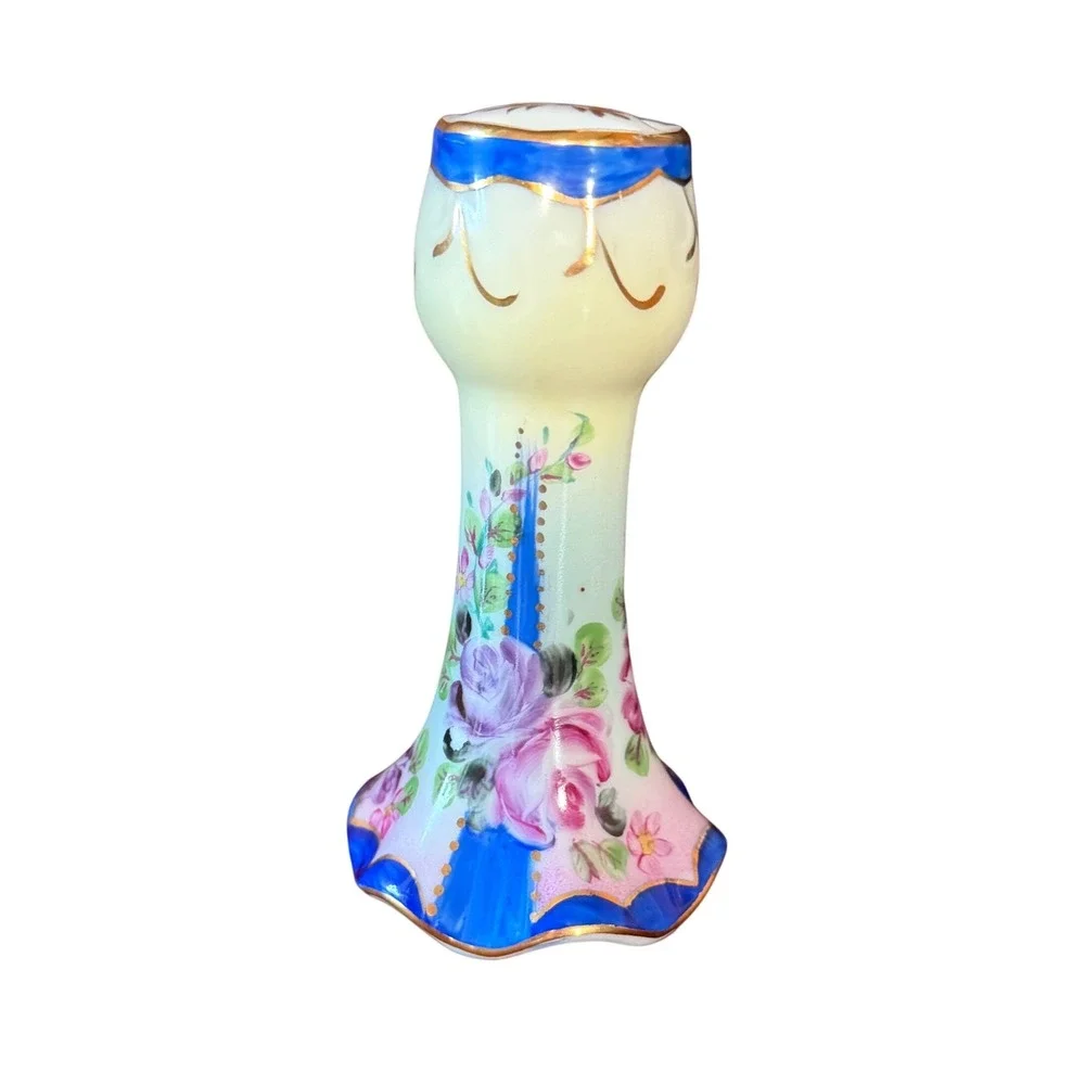 Vintage Hand Painted Nippon Floral Porcelain Hatpin Holder Cobalt Blue Gold Trim